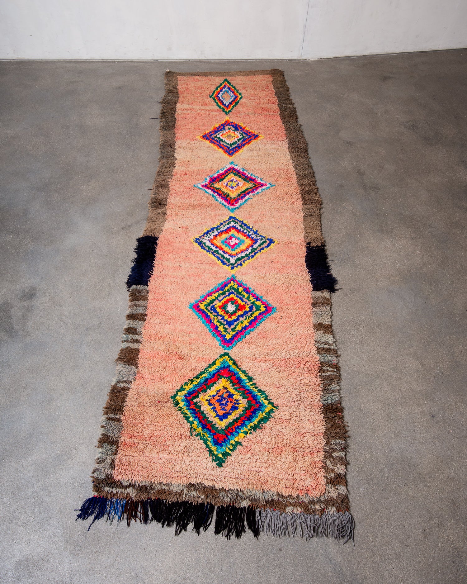 Modern, designer, handcrafted Berber runner rug from Morocco. Vintage carpet with beautiful colours and patterns and fluffy texture.